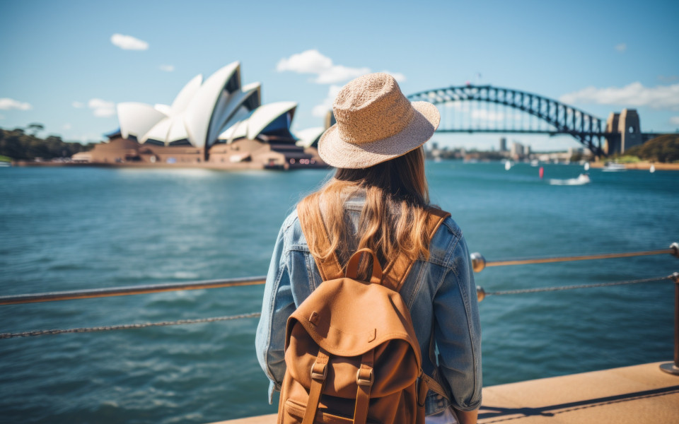Frau mit Rucksack und Hut sitzt vor einem Aussichtspunkt vor der Oper in Sydney 