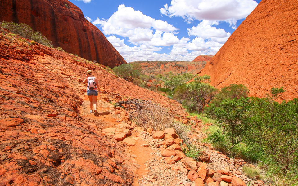 Valley of the Winds Trail in Kata Tjuta, auch bekannt als die Olgas, große gewölbte Felsformationen im Northern Territory, Zentralaustralien – Sandstein-Inselberg, heilig für die Anangu-Ureinwohner Australiens