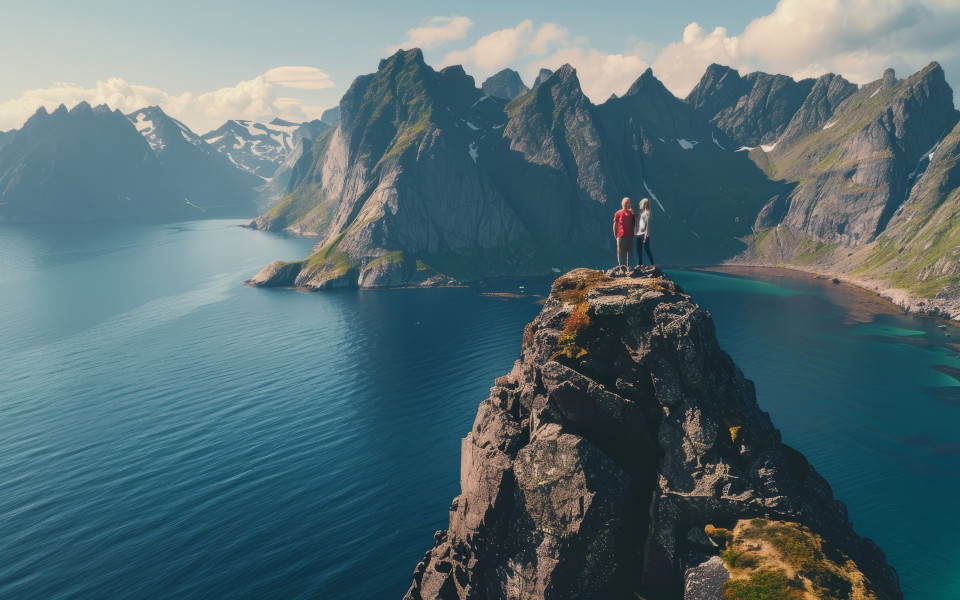 Ein Paar am Rand einer Klippe in Norwegen, Lofoten-Inseln